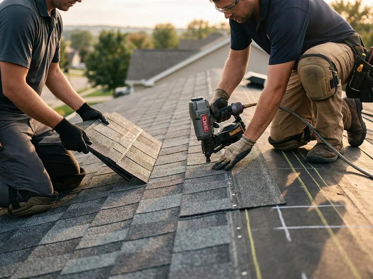 Professional roofer working on a residential roof in Loveland